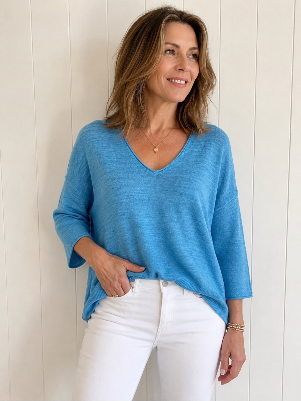 J.Crew Linen Blend Sweater Coastal Summer Cerulean Blue V Neck 3/4 Sleeve Medium